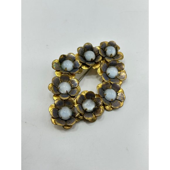 Vintage Flowers Brooch Blue Moonstone Glass Cabochons Brass Tone Older Pin - Picture 2 of 8